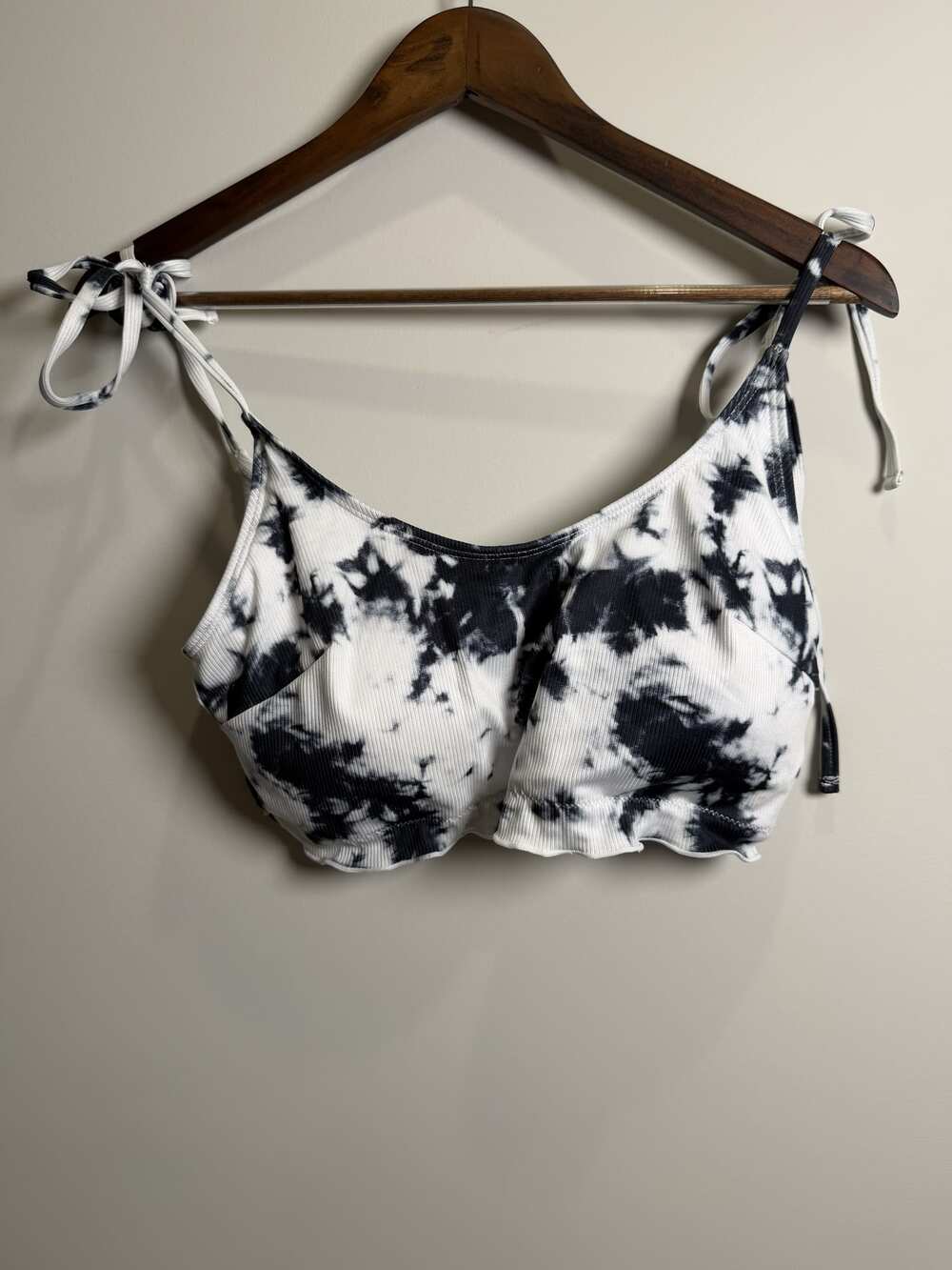 White and Black Tie-Dye Ribbed Cropped Camisole Top with Tie Straps